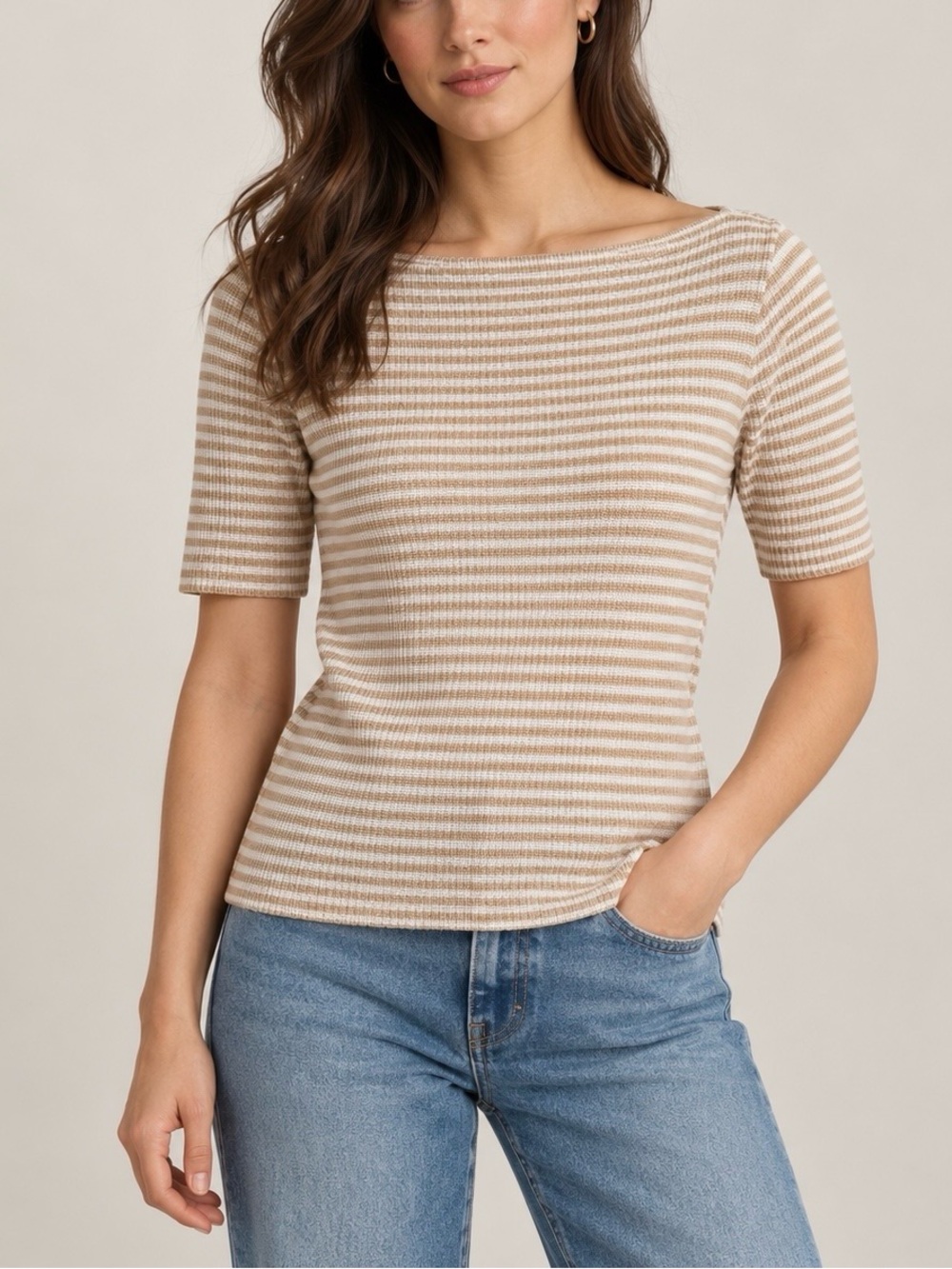 Lauren Ralph Lauren Wool Striped Boatneck Short Sleeve Sweater Top Womens Size M